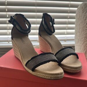 Vaneli Black and Cream Wedge Sandals